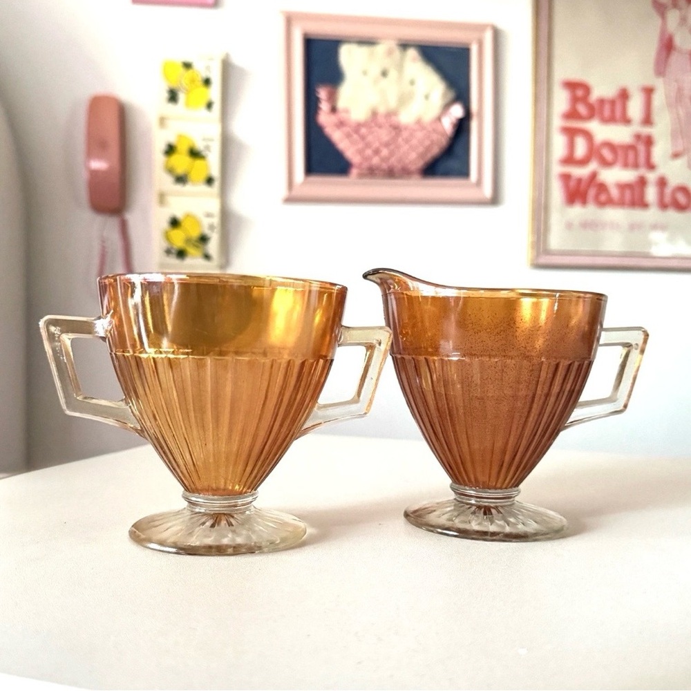 Imperial Marigold Carnival Glass Creamer Sugar Set Ribbed Footed Art Deco